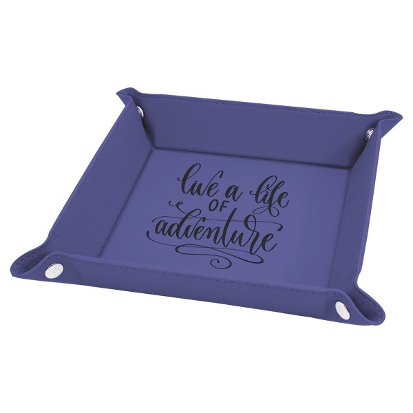 6" x 6" Purple Engraved Faux Leather Snap Up Tray with Silver Snaps - Purple