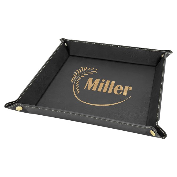 9" x 9" Black/Gold Engraved Faux Leather Snap Up Tray with Gold Snaps - Black