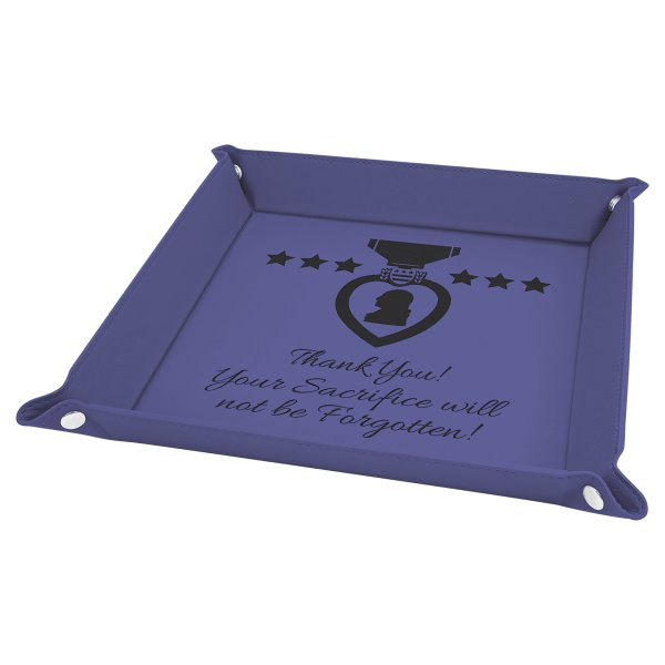 9" x 9" Purple Engraved Faux Leather Snap Up Tray with Silver Snaps - Purple