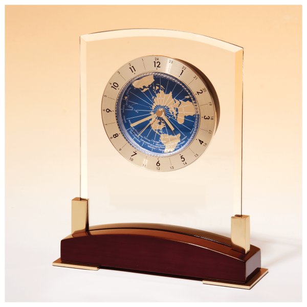 6" x 7 3/4" Glass Clock with World Time Dial on Piano Finish Base-Plate NotIncluded - Rosewood,Clear,Blue
