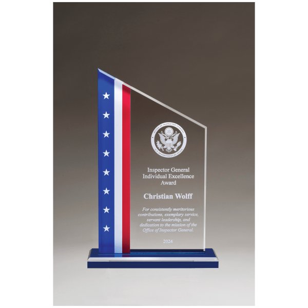 6 3/8" x 9 3/4 " Zenith Series Acrylic with American Flag Design, Blue Mirror Top Base - Clear/Blue/Red/White