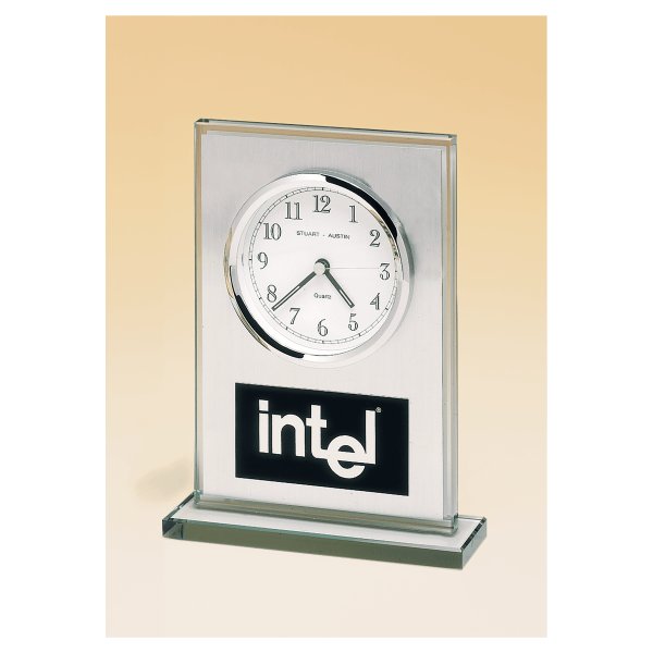 7 1/4" x 4 7/8" Glass Clock, Brushed Aluminum Panel, White Dial and Black Aluminum Plate - Silver/White