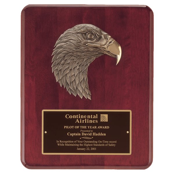 8" X 10 1/2" Rosewood Piano Finish Plaque with Finely Detailed Bronze Eagle Head Casting with Black Custom Engraved Brass Plate - Rosewood/Gold/Black