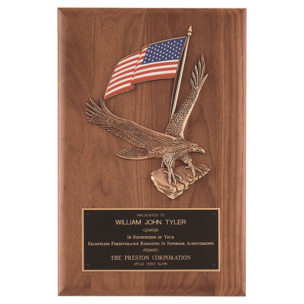 8" x 10 1/2" Solid American Walnut Plaque with Finely Detailed Eagle with American Flag Relief and Black Custom Engraved Brass Plate - Walnut/Gold/Black