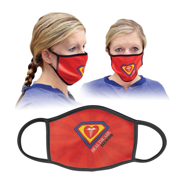 8" x 5 1/2" Large Custom Printed Face Mask With Black Trim & Ear Loops - White/Black