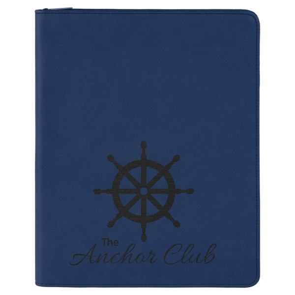 9 1/2" x 12" Blue/Black with Zipper Engraved Faux Leather Portfolio with Notepad - Blue