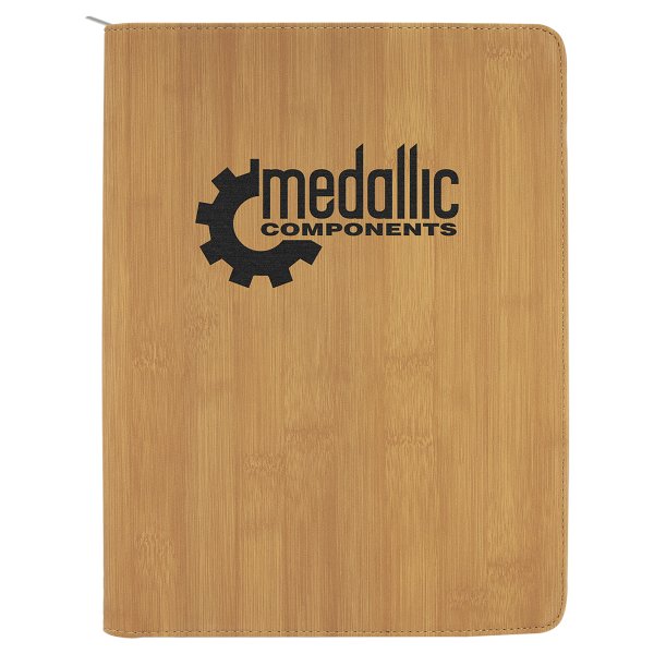 9 1/2" x 12" Bamboo with Zipper Engraved Faux Leather Portfolio with Notepad - Bamboo