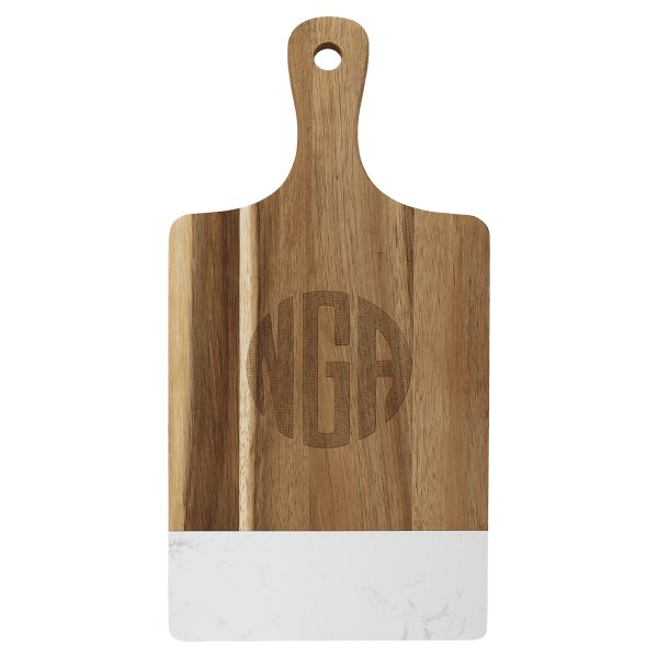 13 1/2" x 7" Acacia Wood with White Marble Accent Paddle Shaped Cutting Board - Woodgrain/White