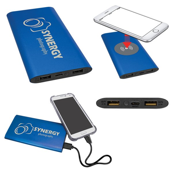 Blue 8000MAH Power Bank & Wireless Anodized Aluminum Charger with USB-C Cord - Blue