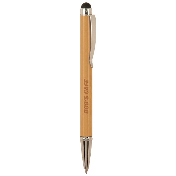 Bamboo with Silver Trim Custom Engraved Pen with Stylus - Bamboo/Silver