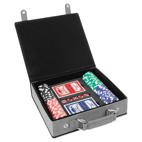 Gray/Black Engraved Faux Leather 100 Chip Poker Set - Gray/Black