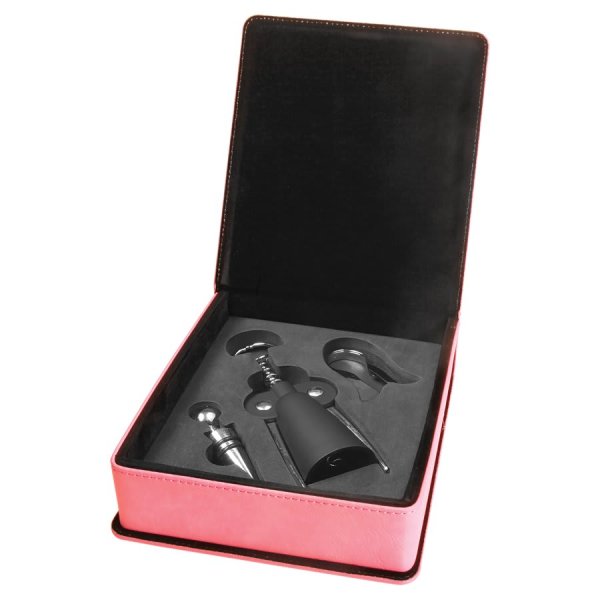 Pink Engraved Faux Leather 3-Piece Wine Tool Gift Set - Pink