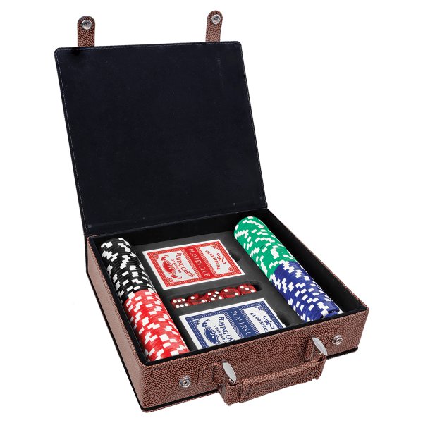 Football Engraved Faux Leather 100 Chip Poker Set - Brown