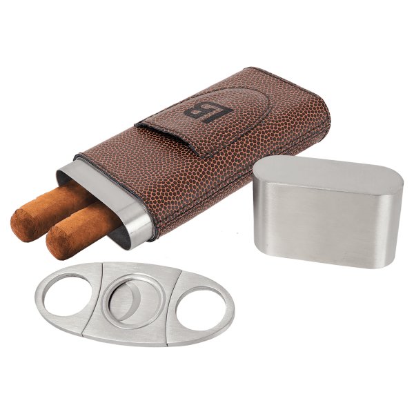 Football Engraved Faux Leather Cigar Case with Cutter - Brown