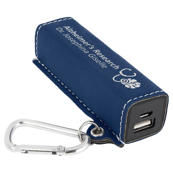 Blue/Silver Engraved Faux Leather 2200 mAh Power Bank with USB Cord - Blue