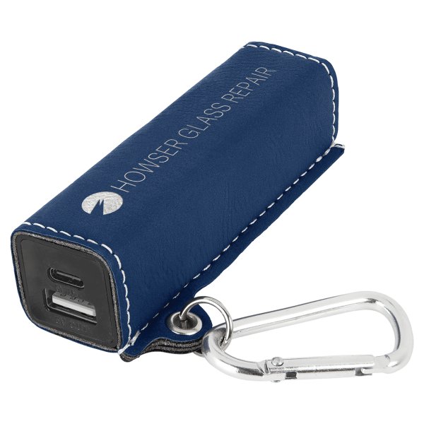 Blue/Silver Engraved Faux Leather 2200 mAh Power Bank with USB-C Cord - Blue