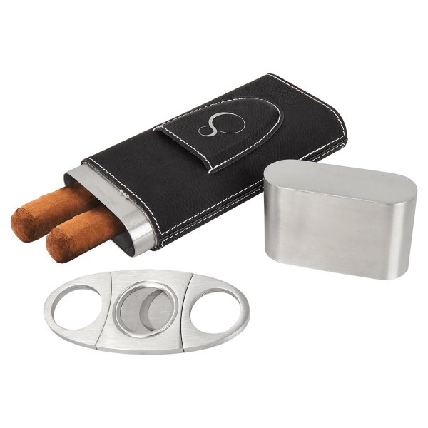 Black/Silver Engraved Faux Leather Cigar Case with Cutter - Black/Silver