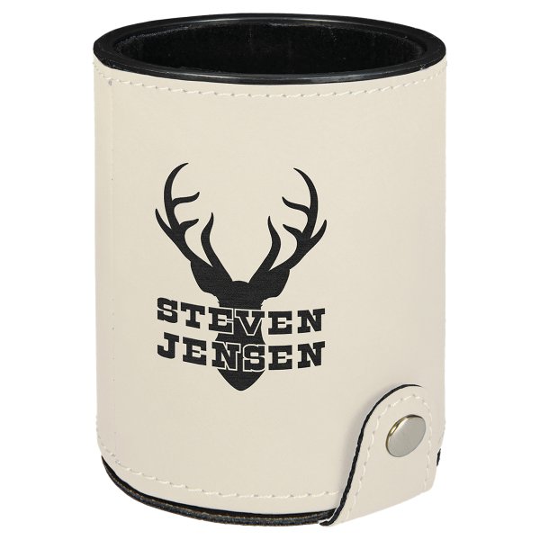 White Engraved Faux Leather Dice Cup with 5 Dice - White