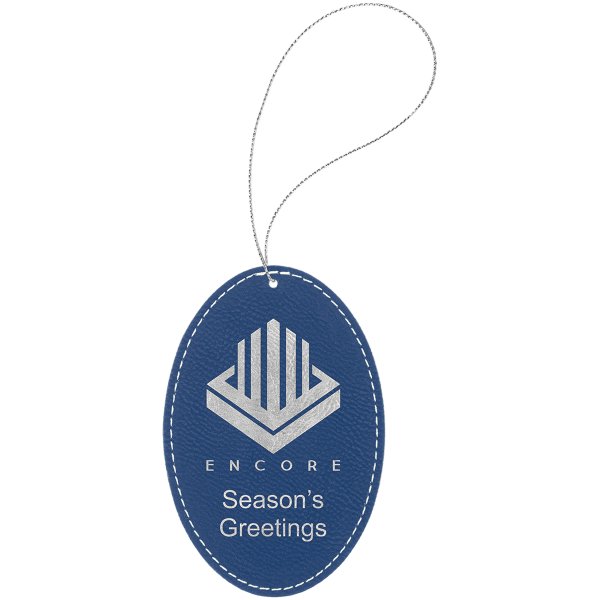 Blue/Silver Engraved Faux Leather Oval Ornament with Silver String - Blue/Silver