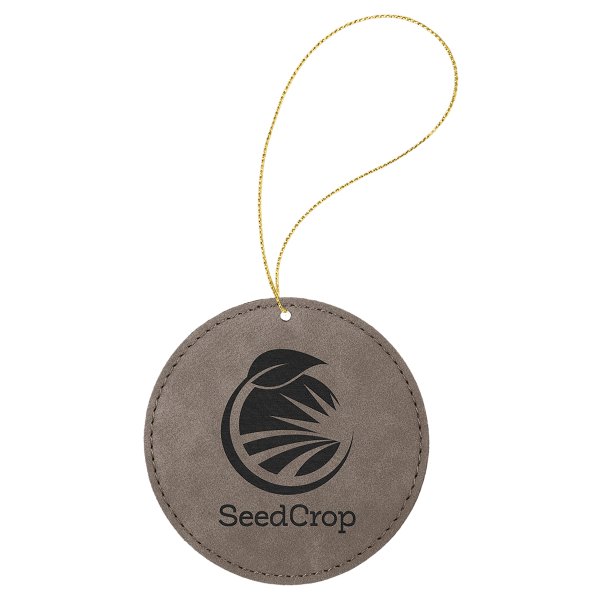 Gray Engraved Faux Leather Round Ornament with Gold String - Gray/Black