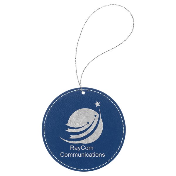 Blue/Silver Engraved Faux Leather Round Ornament with Silver String - Blue/Silver