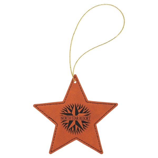 Rawhide Engraved Faux Leather Star Ornament with Gold String - Rawhide/Black