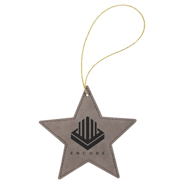 Gray Engraved Faux Leather Star Ornament with Gold String - Gray/Black