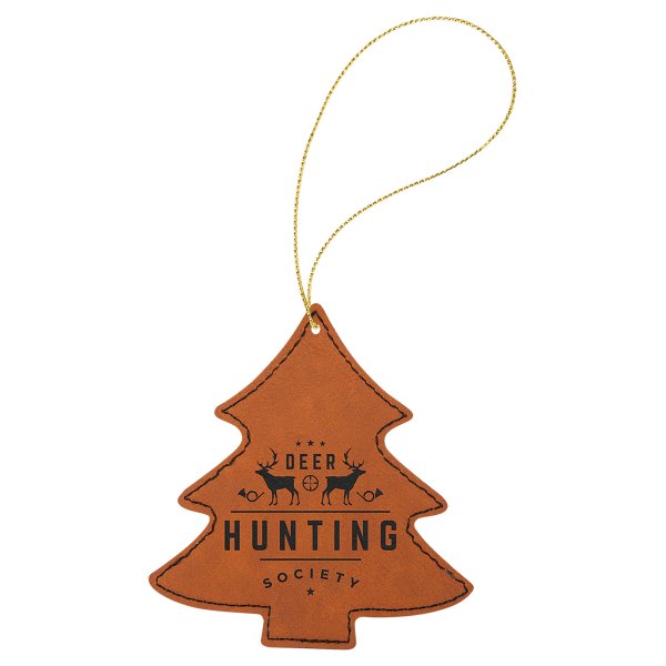 Rawhide Engraved Faux Leather Tree Ornament with Gold String - Rawhide/Black/Gold