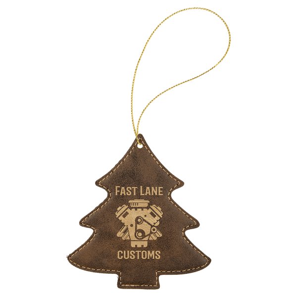 Rustic/Gold Engraved Faux Leather Tree Ornament with Gold String - Brown/Gold
