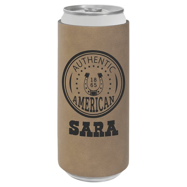 Light Brown Engraved Faux Leather Slim Beverage Holder - Light Brown