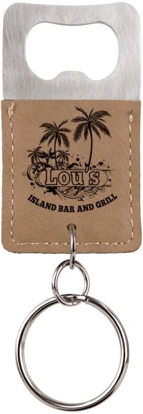 Rectangle Light Brown Engraved Faux Leather Bottle Opener Keychain - Light Brown