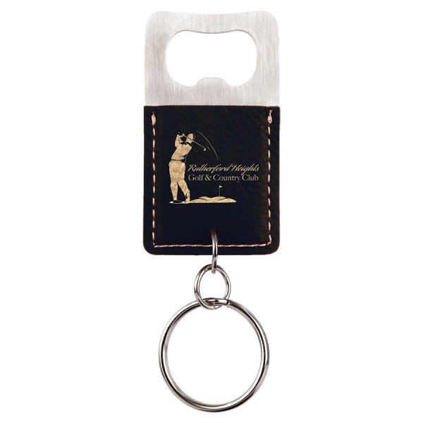 Rectangle Black/Gold Engraved Faux Leather Bottle Opener Keychain - Black