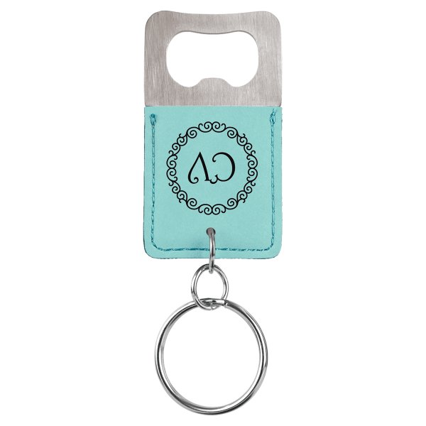Rectangle Teal Engraved Faux Leather Bottle Opener Keychain - Teal