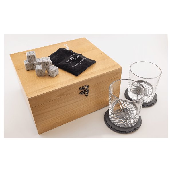 Red Alder Whiskey Set with Two 9 oz. Glasses, Two 4" Slate Coasters, and Eight Granite Whiskey Stones with Black Velvet Bag - Natural Wood