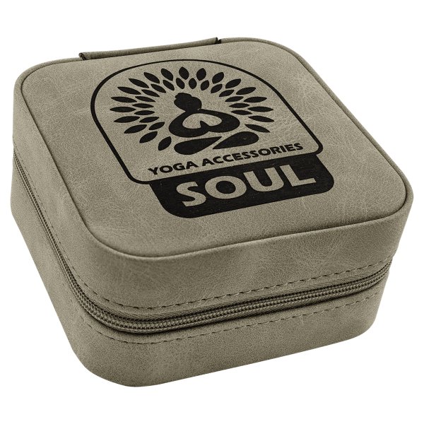 Travel Jewelry Box - Engraved Faux Leather, Creekside Collection, 4" x 4", Light Green - Light Green
