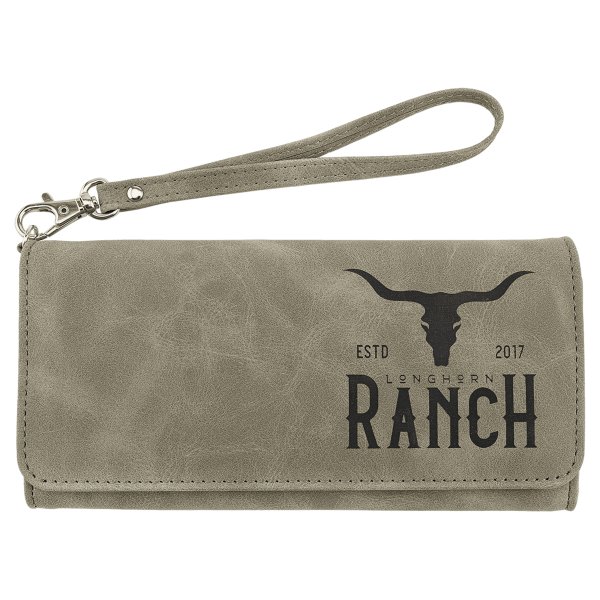 Wallet with Strap - Engraved Faux Leather, Creekside Collection, 7 1/2" x 4", Light Green - Light Green