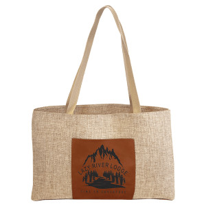 19" x 12" Burlap Bag with 5" Rawhide Engraved Faux Leather Gusset