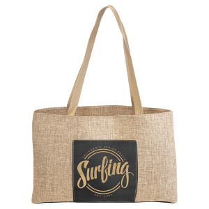19" x 12" Burlap Bag with 5" Black/Gold Engraved Faux Leather Gusset