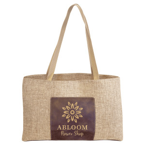 19" x 12" Burlap Bag with 5" Rustic/Gold Engraved Faux Leather Gusset