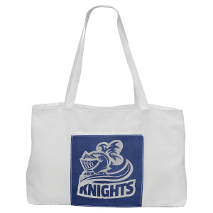19" x 12" White Bag with 5" Blue/Silver Engraved Faux Leather Gusset