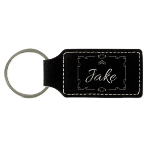 2 3/4" x 1 1/4" Black/Silver Engraved Faux Leather Rectangle Keychain