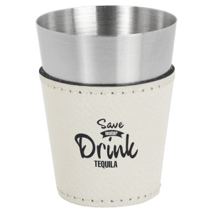 2 oz. White Engraved Faux Leather & Stainless Steel Shot Glass