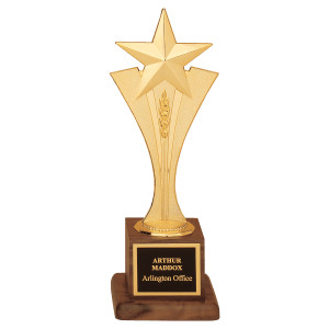 3 1/2" x 10" Modern Goldtone Star Casting on a Walnut Finish Base with Custom Engraved Black Brass Plate