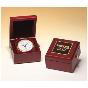 3 1/2" x 3 1/2" Hand Rubbed Mahogany Finish Box Clock, Metal Goldtone Knobs and Velour Lined Lid with Black Plate