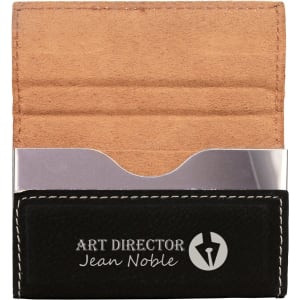 3 3/4" x 2 3/4" Black/Silver Engraved Faux Leather Hard Business Card Holder