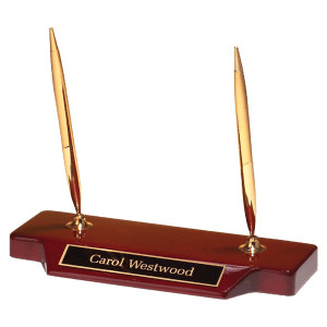 3 3/4" x 9" Double Gold-Tone Pen Set on Rosewood Piano Finish Base with Black Brass Plate