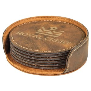 4" Rustic/Gold Round Engraved Faux Leather 6-Coaster Set