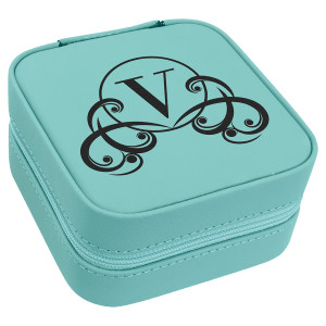 4" X 4" Teal Engraved Faux Leather Travel Jewelry Box with Tan Lining