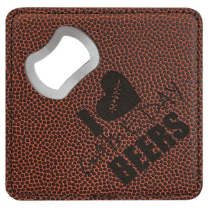 4" x 4" Square Football Engraved Faux Leather Bottle Opener Coaster
