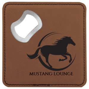 4" x 4" Square Dark Brown Engraved Faux Leather Bottle Opener Coaster